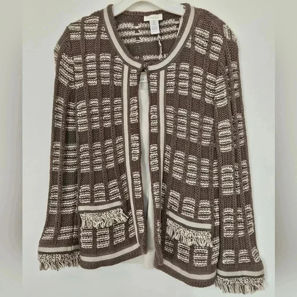 Chicos Women's Fringe Ribbed Knit Cardigan Sweater Size 0 Designer Sleeve Pocket